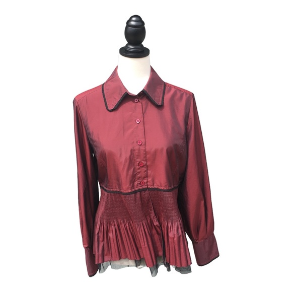 Coldwater Creek iridescent button down collared blouse in a cranberry shade. - Picture 4 of 7